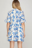 Load image into Gallery viewer, Blue Floral Print Ruffled Sleeves w/ Pockets Mini Dress | Playful Feminine Short Dress | Versatile Warm Day &amp; Casual Silhouette