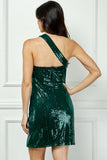 Load image into Gallery viewer, Hunter Green Sequins One-Shoulder Mini Dress | Glamorous Bold Short Dress | Versatile Cocktail &amp; Special Event Silhouette