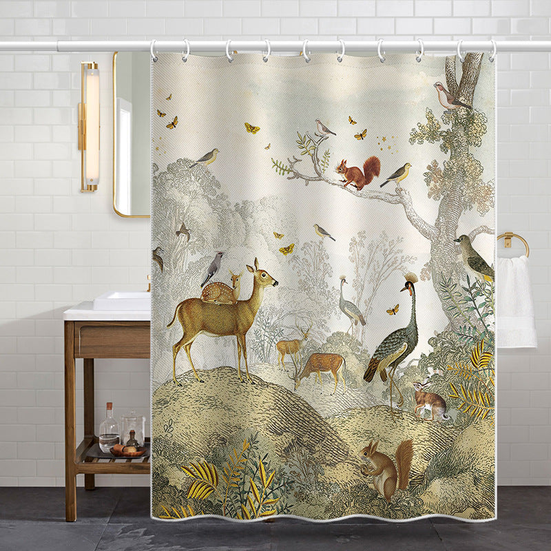 Forest Animals Shower Curtain – Waterproof & Mildew Resistant Polyester Fabric 180×180cm Vintage Nature Style Bathroom Decor