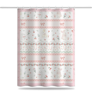 Cute Cartoon Bunny Shower Curtain – Pink Plaid & Bow Design, Waterproof & Mildew Resistant Polyester, 180×180cm Bathroom Decor