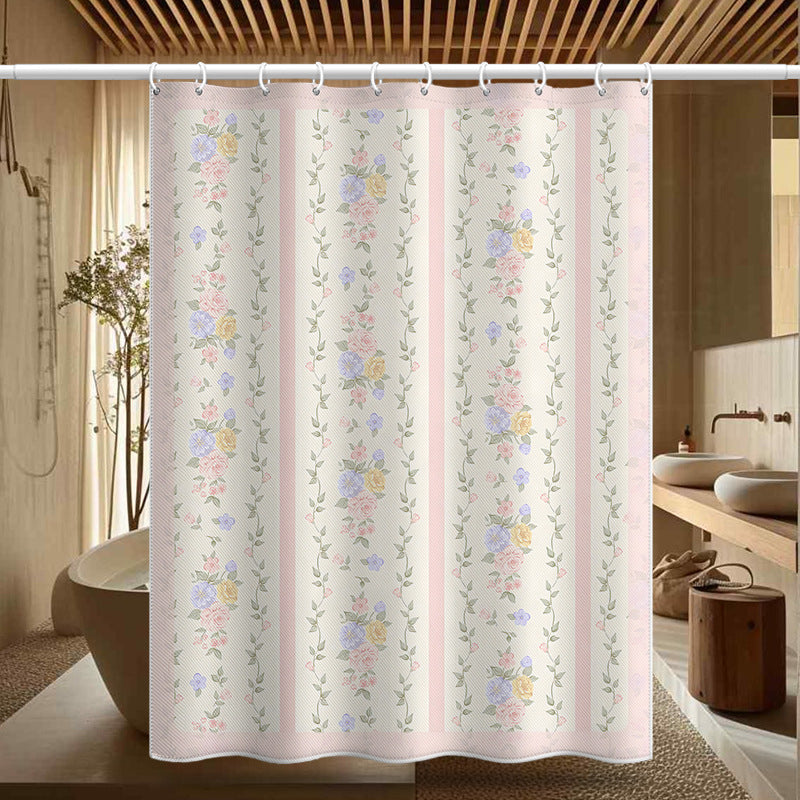 Vintage Floral Stripe Shower Curtain – Waterproof & Mildew Resistant Polyester Fabric 180×180cm Romantic Bathroom Decor