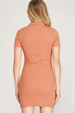 Load image into Gallery viewer, Burnt Orange Short Sleeves Rib Knit Bodycon Polo Mini Dress | Sporty Flirty Short Dress | Versatile Playful &amp; Casual Silhouette