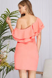Load image into Gallery viewer, Coral Pink Ruffled One Shoulder Heavy Knit Bodycon Mini Dress | Bold Party Bodycon Dress | Confident Night-Out Silhouette