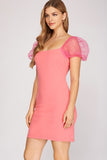 Load image into Gallery viewer, Candy Pink Organza Puff Sleeves Heavy Knit Mini Dress | Charming Party Short Dress | Flirty Day &amp; Night Silhouette