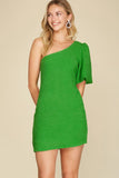 Load image into Gallery viewer, Green One Shoulder Textured Woven Mini Dress | Playful Party Short Dress | Tactile Summer Silhouette