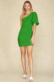 Load image into Gallery viewer, Green One Shoulder Textured Woven Mini Dress | Playful Party Short Dress | Tactile Summer Silhouette