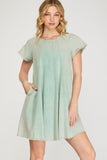 Load image into Gallery viewer, Seafoam Short Sleeves Wash Woven Mini Dress | Breezy Summer Short Dress | Effortless Casual Silhouette