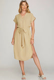Load image into Gallery viewer, Taupe Drop Short Sleeve Woven Dress | Relaxed Elegant Woven Dress | Versatile Casual &amp; Dressy Silhouette