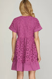 Load image into Gallery viewer, Magenta Drop Shoulder Sleeve Embroidered Dress | Elegant Sophisticated Dress | Versatile Casual &amp; Special Occasion Silhouette