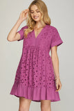 Load image into Gallery viewer, Magenta Drop Shoulder Sleeve Embroidered Dress | Elegant Sophisticated Dress | Versatile Casual &amp; Special Occasion Silhouette