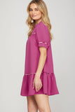 Load image into Gallery viewer, Magenta Short Sleeve Contrast Piping Dress with Pockets | Chic Casual Short Dress | Versatile Outing &amp; Event Silhouette