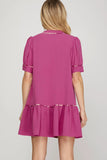 Load image into Gallery viewer, Magenta Short Sleeve Contrast Piping Dress with Pockets | Chic Casual Short Dress | Versatile Outing &amp; Event Silhouette