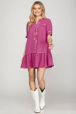 Load image into Gallery viewer, Magenta Short Sleeve Contrast Piping Dress with Pockets | Chic Casual Short Dress | Versatile Outing &amp; Event Silhouette