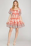 Load image into Gallery viewer, Red Smocked Border Print Woven Mini Dress | Playful Feminine Short Dress | Versatile Casual &amp; Summer Event Silhouette