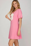 Load image into Gallery viewer, Pink Short Sleeve Heavy Knit V Neck Mini Dress | Comfortable Flirty Short Dress | Versatile Casual &amp; Occasion Silhouette