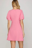 Load image into Gallery viewer, Pink Short Sleeve Heavy Knit V Neck Mini Dress | Comfortable Flirty Short Dress | Versatile Casual &amp; Occasion Silhouette