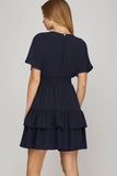 Load image into Gallery viewer, Navy Woven Waist Smocking Tiered Mini Dress | Feminine Flirty Short Dress | Versatile Casual &amp; Summer Event Silhouette