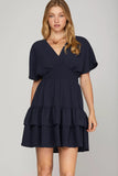 Load image into Gallery viewer, Navy Woven Waist Smocking Tiered Mini Dress | Feminine Flirty Short Dress | Versatile Casual &amp; Summer Event Silhouette