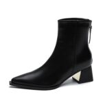 Women’s Pointed Toe High Heel Leather Ankle Boots - Stylish Metal Accent Block Heels