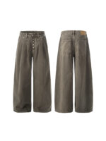 Men's High-Waisted Loose Denim Pants - Vintage Style with Large Button Design