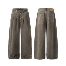 Men's High-Waisted Loose Denim Pants - Vintage Style with Large Button Design