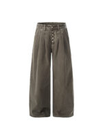 Men's High-Waisted Loose Denim Pants - Vintage Style with Large Button Design - Image 3