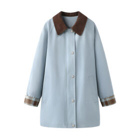 Women’s Blue Patchwork Outerwear - Stylish Vintage Design Collar Long Coat