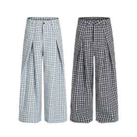 Men's Plaid Loose Long Pants - Double Button Design Casual Pants