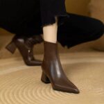 Women’s Pointed Toe High Heel Leather Ankle Boots - Stylish Metal Accent Block Heels - Image 4
