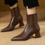 Women’s Pointed Toe High Heel Leather Ankle Boots - Stylish Metal Accent Block Heels - Image 3
