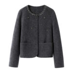 Women's Jewel-Embellished High-Collar Wool Coat - Elegant and Simple Design