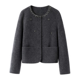Women's Jewel-Embellished High-Collar Wool Coat - Elegant and Simple Design