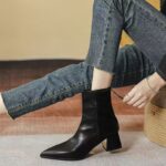 Women’s Pointed Toe High Heel Leather Ankle Boots - Stylish Metal Accent Block Heels - Image 2