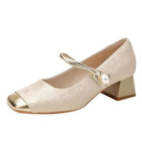 Women’s Decorative Pearl High Heels - Exquisite Pearl Strap Design Block Heel Shoes